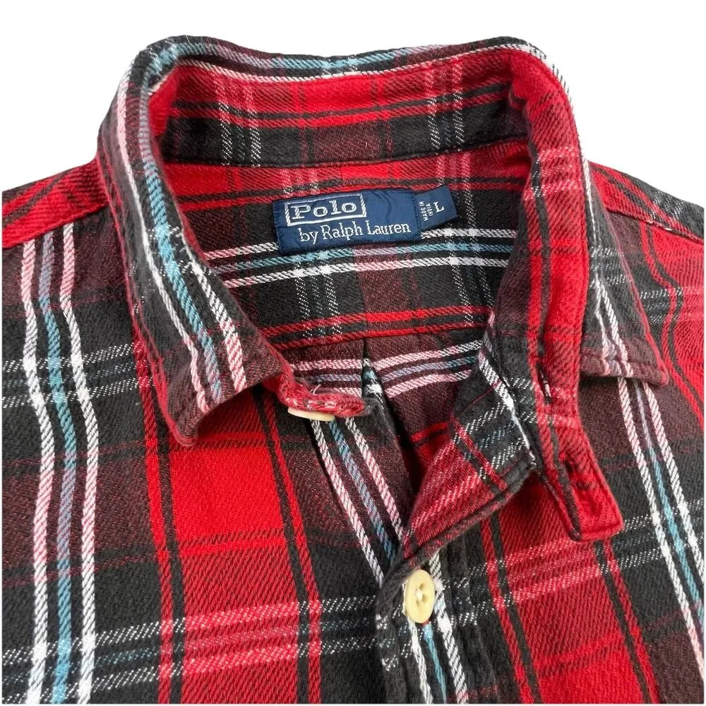 Vintage Polo Ralph Lauren Shirt L Loop Collar Flannel Cotton Tartan Plaid
